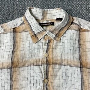 Cubavera Linen Button Up Shirt Mens Large Tan/White Plaid Geometric Short Sleeve